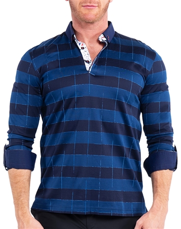 Maceoo Long Sleeve Polo Shirt Royal Blue Stripe