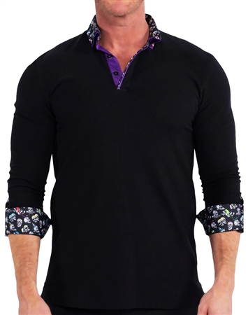 Maceoo Long Sleeve Polo Shirt Skull Pattern Black