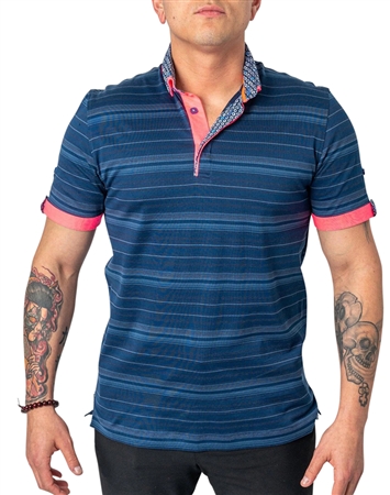 Maceoo Designer Short Sleeve Polo Shirts Blue Striped