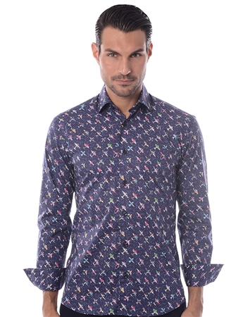 Navy Multi Print Dress Shirt