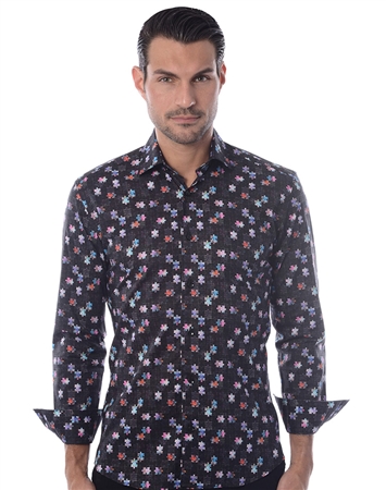 Luxury Dress Shirt - Black Puzzle Print Button Down