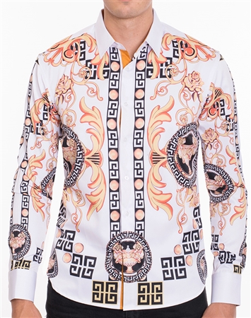 Designer Gold Baroque Print Dress Shirt - Multicolored Designer Dress Shirt