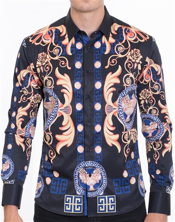 Designer Gold Baroque Print Dress Shirt - Multicolored Designer Dress Shirt