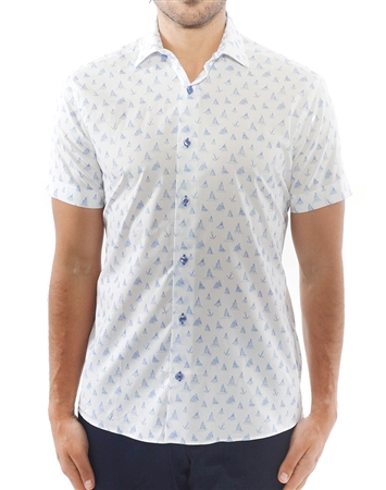 White Blue Sailboat Print Dress Shirt