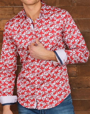 Red White Floral Dress Shirt