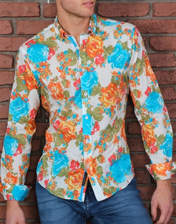 White Turquoise Floral Dress Shirt