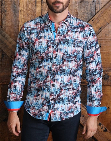 Turquoise Scenery Print Dress Shirt