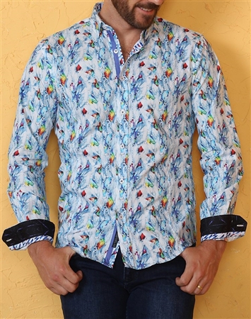 Elegant Blue Leaf Print Sport Shirt