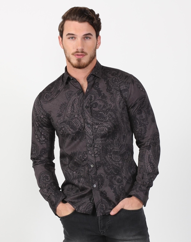 Black Knight Paisley Dress Shirt- Men's Long Sleeve Black Paisley Patterned  Luxury Dress Shirt| Austere By Eight X