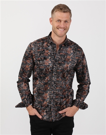 Slate-Gray And Bronze Floral Print Dress Shirt