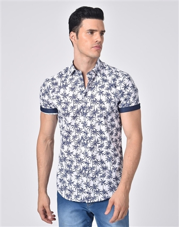 Luxury Short Sleeve Shirt - Navy Palm Print Dress Shirt