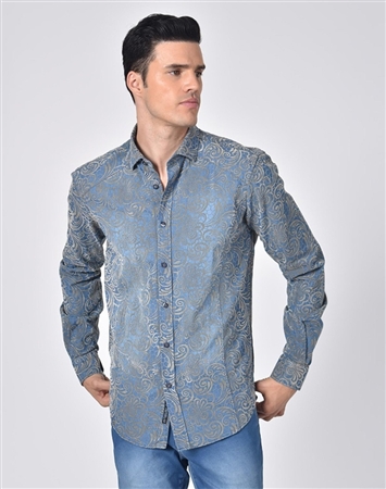 Austere Luxury Denim Shirt With Gold Venice Lace Print Flocking