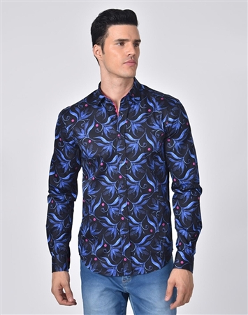 Luxury Sport Shirt - Elegant Navy Floral Dress Shirt