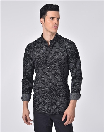 Austere Luxury Floral Flocking On Polka Dot Jacquard Printed Shirt