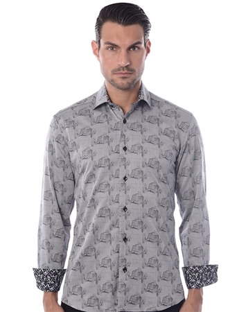 Shop Men's Sporty Dress Shirts - Gray Classic Car Print Woven