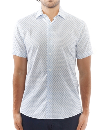 White Blue Sketch Circle Print Dress Shirt | Short Sleeve Button Down