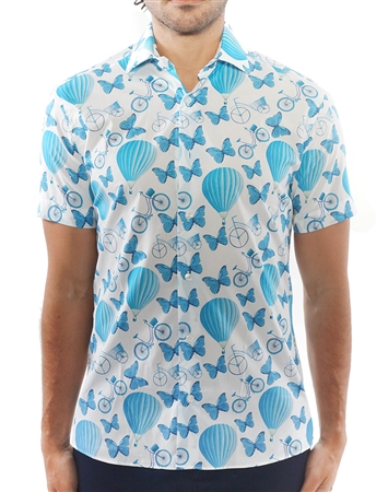 Modern Turquoise Balloon Print Dress Shirt | Short Sleeve Button Down