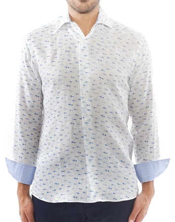 White Blue Fish Linen Dress Shirt