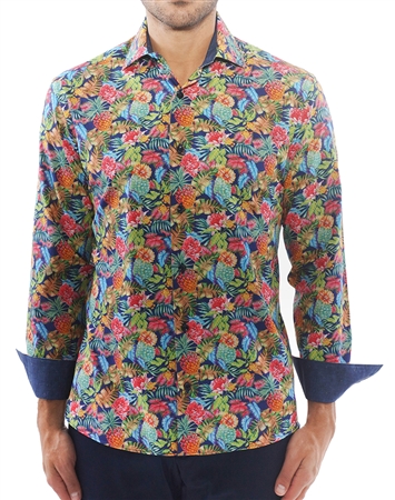 Sporty Navy Tropical Print Dress Shirt