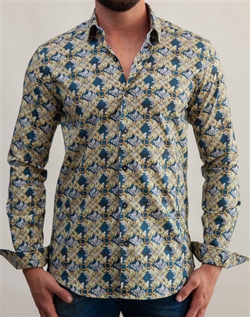 Elegant Blue And Gold Print Dress Shirt