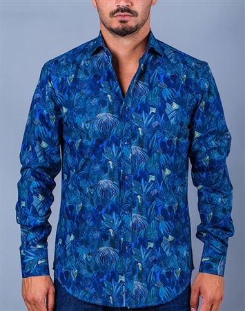 Blue Printed Designer Dress Shirt