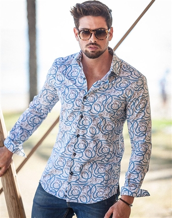 Designer Blue Swirl Print Dress Shirt