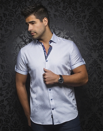 Designer Short Sleeve Dress Shirt:  Caine White Blue