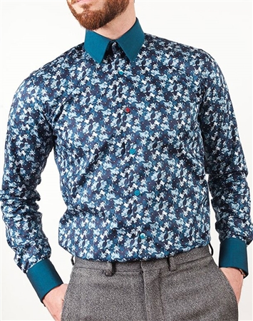 Blue FLoral French Cuff Shirt- Changeable cuffs and Collar