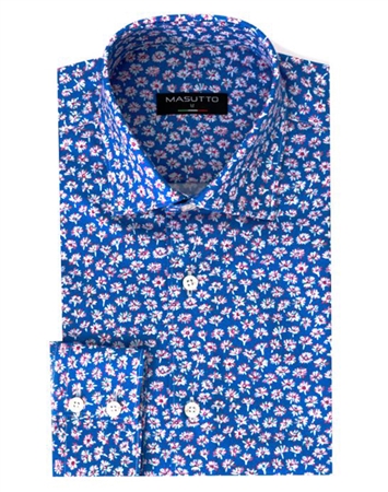 Men's Designer Dress Shirt - Blue Floral Print Woven