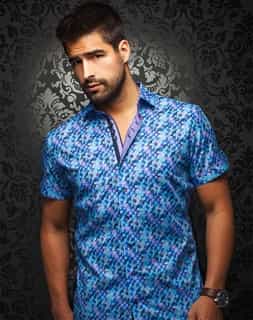 Casual Shirt: Blue Multi Color Short Sleeve Sport Shirt