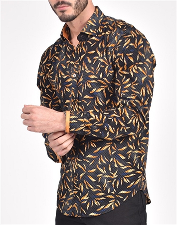 Black Shirt with Yellow Leaves flocking print|Eight-x Luxury Long Sleeve Dress Shirt