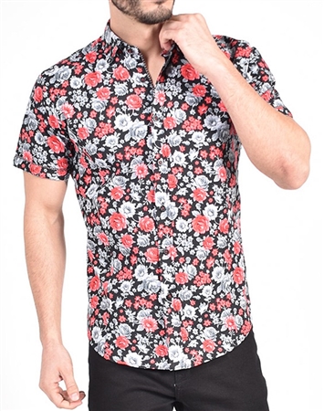 Red Monochromatic Rose Print shirt|Eight-x Luxury Short Sleeve