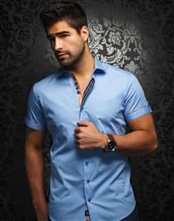 Casual Shirt: Blue Jacquard Short Sleeve Sport Shirt