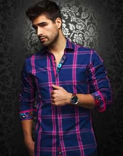 Designer Shirt: Men Fuchsia Check Shirt