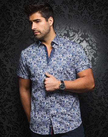 Designer Short Sleeve Dress Shirt:   Manila Floral Royal