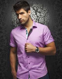 Casual Shirt: Pink Jacquard Short Sleeve Dress Shirt