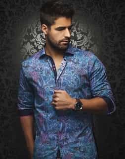 Designer Dress Shirt: Blue Paisley Check