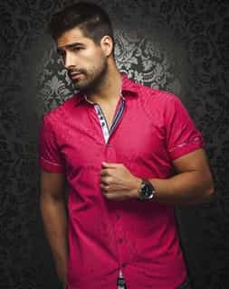 Casual Shirt: Fuchsia Jacquard Short Sleeve Sport Shirt