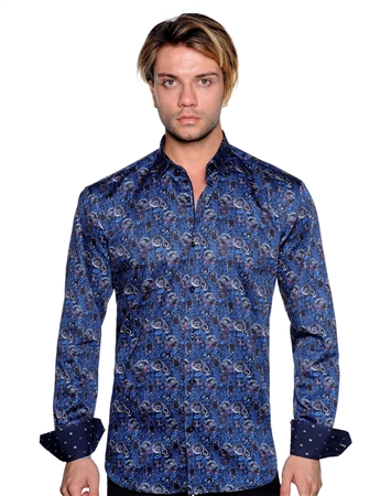 Blue Floral Paisley Print Shirt - Men Casual Shirt