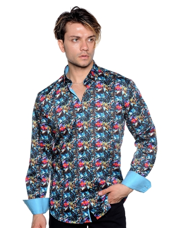 Abstract Print Shirt - Turquoise Floral Woven