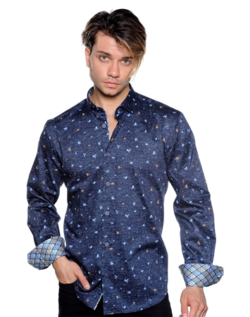 Navy Floral Patterned Shirt - Luxury Sport Shirt