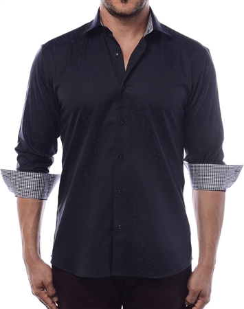 Modern Men's Dress Shirt - Black And Deep Navy Exotic Floral Print Designer Shirt