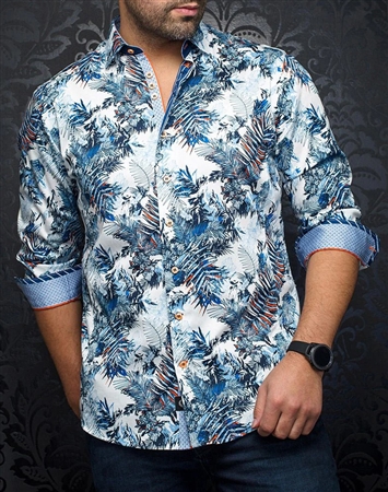 Men White Blue Designer Long Sleeve Shirt