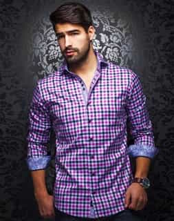 Plaid Shirt: Men Plaid Long Sleeve Shirt | Fuchsia Blue