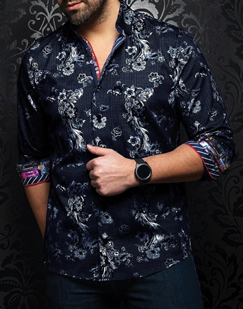 Men Navy Designer Long Sleeve Shirt