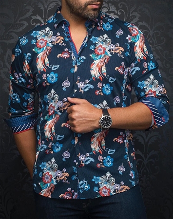 Men Navy Multi Designer Long Sleeve Shirt