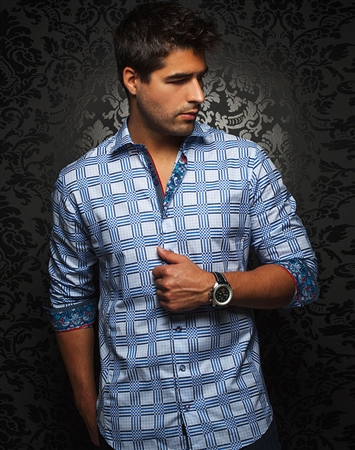 Designer Shirt: White Blue Check Woven Fahion Dress Shirt