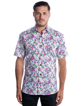 Sporty Short Sleeve Dress Shirt - White Pink Floral