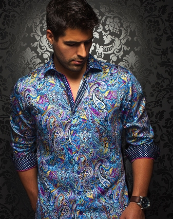 Designer Shirt: Men Blue Paisley Woven Fahion Dress Shirt