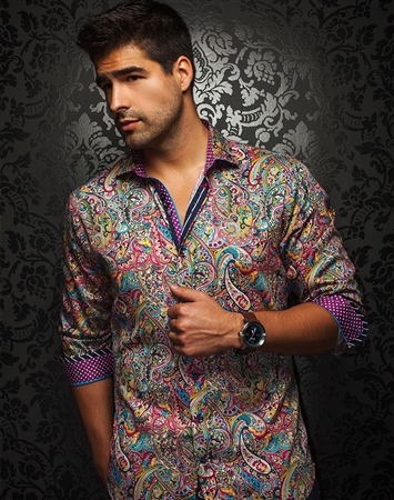 Designer Shirt: Men Raspberry Paisley Woven Fahion Dress Shirt